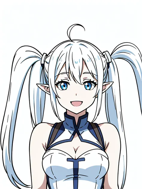 1girl,solo,15s,long hair,white hair,ahoge,twin tails,(white background),pointy ears,sleeveless(cleavage),happy,smile,blue eyes,open mouth,portrait,from front