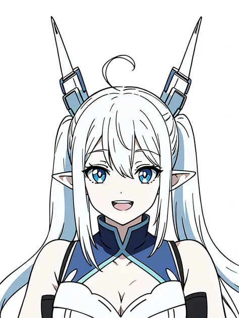 1girl,solo,15s,long hair,white hair,ahoge,twin tails,(white background),pointy ears,sleeveless(cleavage),happy,smile,blue eyes,open mouth,portrait,from front