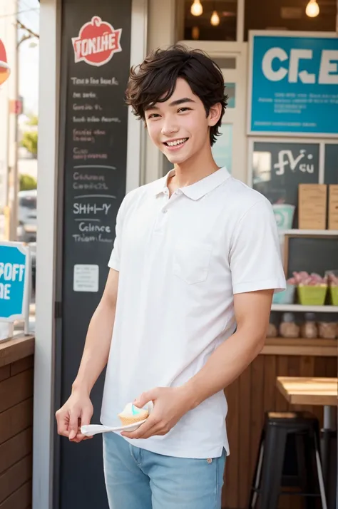 a happy young man, soft serve ice cream shop attendant, Pixar&#39;s X movie style, open image (4K quality)