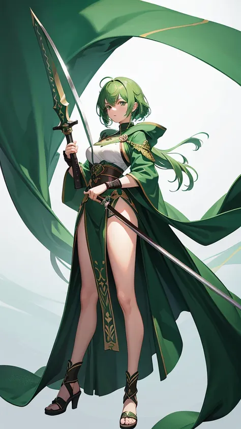 strong women, green hair, brown robes, female swordsman, tall, full body side view, view viewer, pure white background