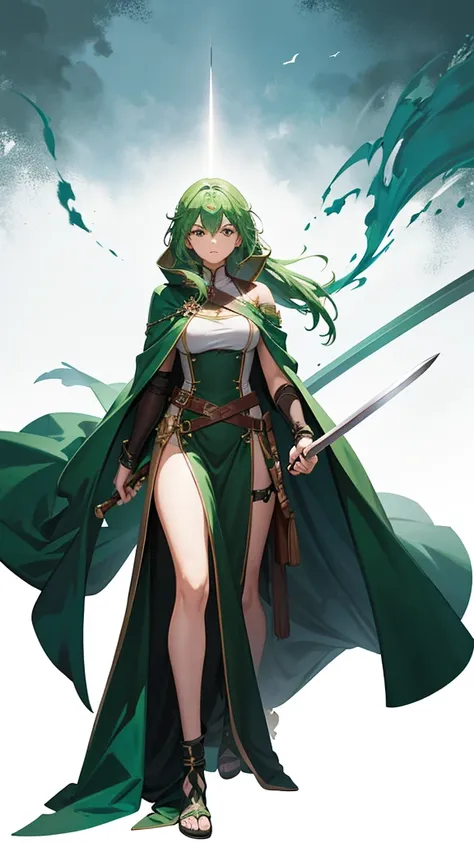 strong women, green hair, brown robes, female swordsman, tall, full body side view, view viewer, pure white background