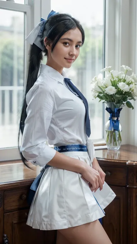 Masterpiece, Top Quality, High Resolution, Very Detailed, Detailed Background,(Fraulem Chrome, (Black Hair, Semi-Long Hair, Blue Ribbon in Ponytail),(White Blouse, Blue Short Ribbon Tie, Blue Long Skirt), Small, Neat, Black Eyes,Studying, Gentle Smile), Sc...