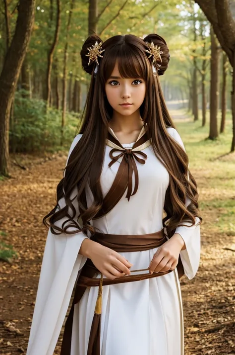 An anime oc A girl with brown hair With brown eyes Skin like porcelain She is wearing a priestess outfit She has a bow in her hand 