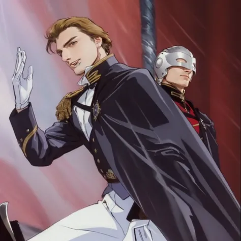 A noble handsome european man from the victorian age, behind him theres a first lieutenant who is covering his upper half head with a metal grey mask