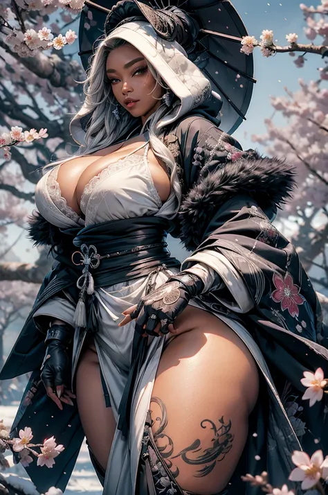 1girl, icestylesamurai, dark skin, very long platinum white hair, vibrant moonlight eyes, long detailed eyelashes, gloves, wide sleeves, , tassel, sash, the most beautiful and highly detailed hooded kimono, fur trim, curvy body type, perfect ass, thick thi...