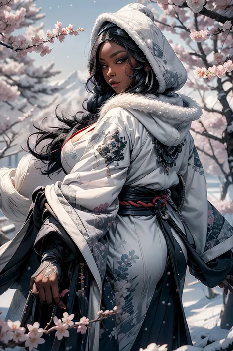 1girl, icestylesamurai, dark skin, very long platinum white hair, vibrant moonlight eyes, long detailed eyelashes, gloves, wide sleeves, , tassel, sash, the most beautiful and highly detailed hooded kimono, fur trim, curvy body type, perfect ass, thick thi...