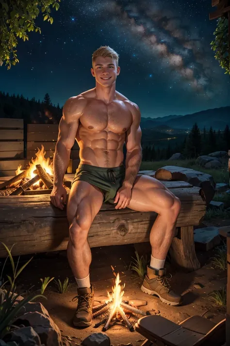 Full body shot, photorealistic full body a 24 year old muscular handsome blond young manly topless Caucasian man with shaved brown hair, Five Clock Shadow, Blue eyes ，smile, Wearing a sweaty wet white t-shirt and a white underwear, White socks, and tan hik...