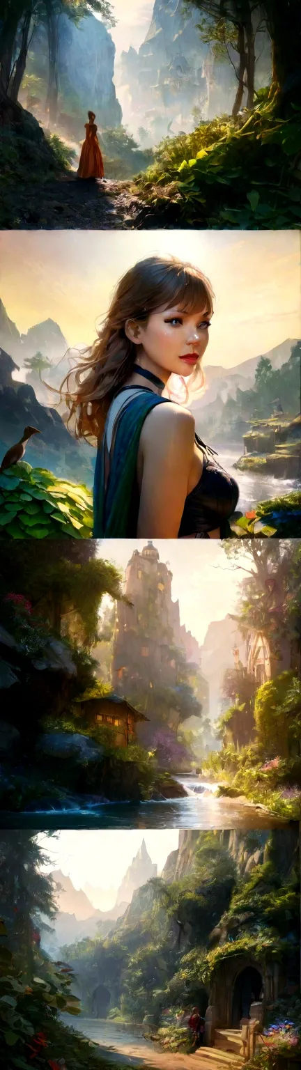 a cartoon disney style landscape, 1girl, extremely detailed eyes and face, beautiful detailed lips, longeyelashes, fairy tale, magical, colorful, whimsical, fantasy, intricate details, dynamic composition, lush foliage, vibrant colors, soft lighting, dream...