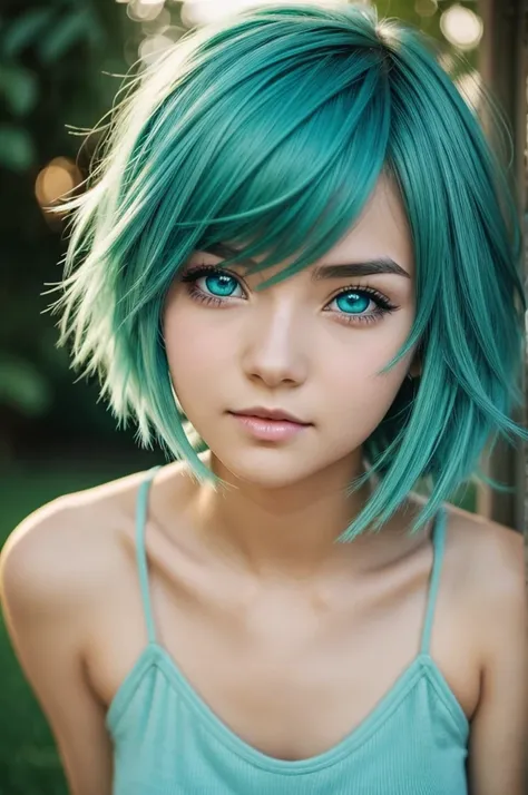 anime, girl, short hair, aqua green hair color, eye color see you