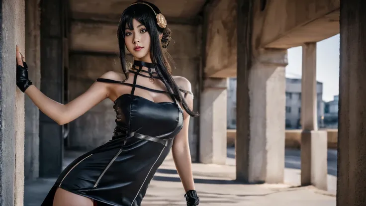 ((Yoro Cosplay)), ((A very cute white girl is cosplaying as you, Stand on the side of the road), 1 Girl, Wide range photograph撮影, Wide range, Long and beautiful face, Clear Face, ((Hot body)), ((Your dress)), ((Spy X Family)), ((Assassin Suit Dress)), ((Co...