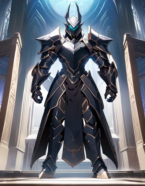 A portrait of fantasy evil dragon knight wearing full light armor, (Alone), pale black armor with golden lines, , Standing, in a temple in the background, full body shot, anime screencap, Masterpiece, The best quality, high detail