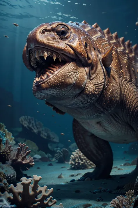 a giant stonefish attacking, detailed and realistic, 1 stonefish, underwater scene, coral reef, beautiful blue ocean, dramatic lighting, intense action pose, highly detailed, 4k, octane render, cinematic, masterpiece