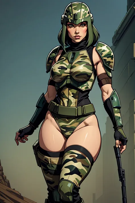 female Mandalorian, Mandalorian armor, Mandalorian helmet, curvy, wide hips, thick thighs, slim waist, tall, long legs, camo, camouflage, camo armor