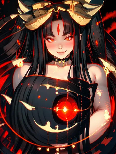 black hair, hair bobbles, wince, longeyelashes, solid circle eyes, fake animal ears, light smile, ear blush, fang, ccurate, long black hair, cat ears, cat tail, red eyes, hair over shoulder, straight hair, demon horns, horns, glowing eyes, makeup, light sm...