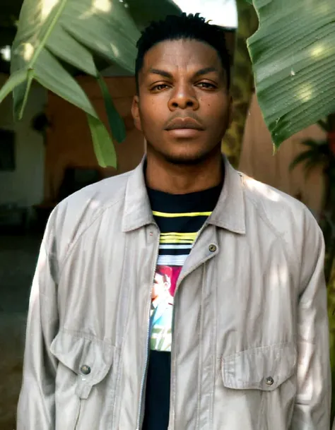 sharp man in jacket in front of a banana tree, David Uzochukwu, about 19 years old, taken at the beginning of 2020, Prince Adebanji, george pemba, Riyad Cassim, a young man, he is about 2 5 years old, album photo, discovered photo