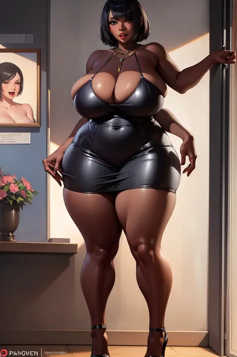 A super realistic oil painting of ebony woman, realistic, short hair, big mouth, huge firm breasts, protruding, sculptural body, short dress, thick legs, high heels pure naked,