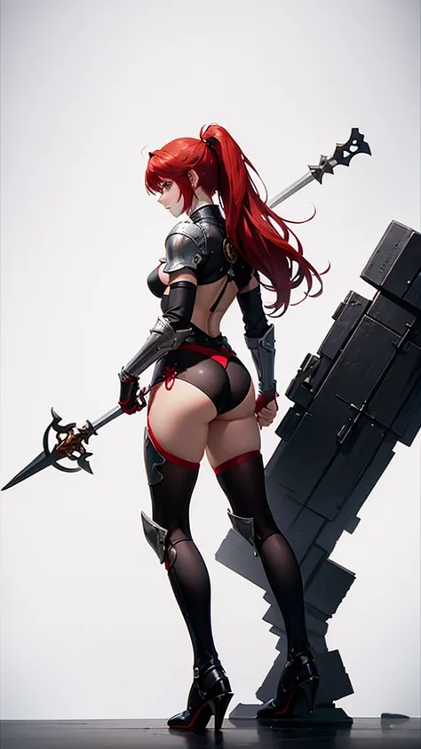 Red Hair, female knight, ponytail, tall, Full body side view, View Viewer, Pure white background