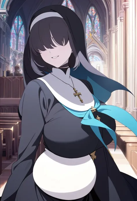 1girl, nun, cross, cross necklacke, jewelry, black hair, turquoise bangs, very short hair, hair over eyes, pale skin, turquoise eyes, black dress, church, smile, huge belly, (masterpiece), best quality, anime style,