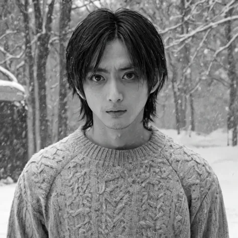 cold sweater in the snow, (anime), bizarre scenario, This is Junji, Yusuke Murata, black and white, 8K, anime, horror