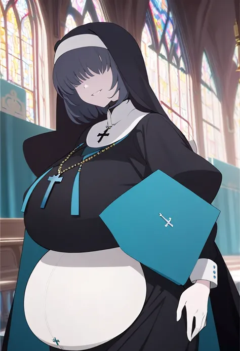 1girl, nun, cross, cross necklacke, jewelry, black hair, turquoise bangs, very short hair, hair over eyes, pale skin, turquoise eyes, black dress, church, smile, huge belly, (masterpiece), best quality, anime style,