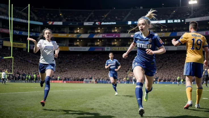 Billie Eilish running to kick a football and score the winning goal. 