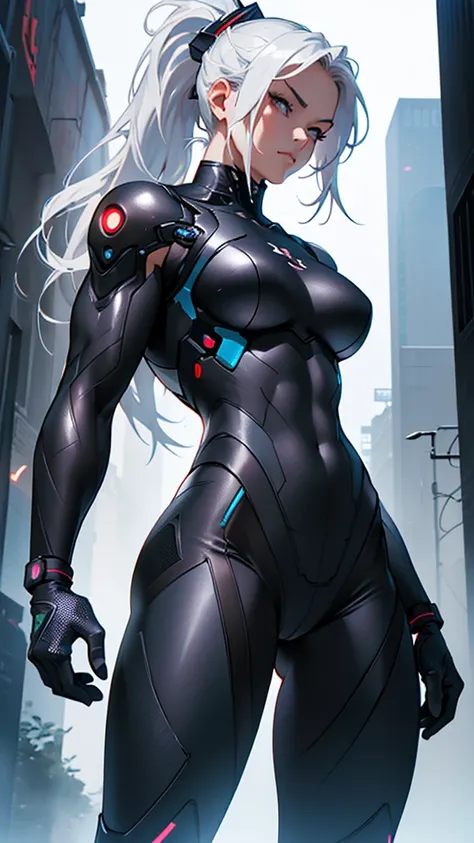 Beautiful cybernetic girl detailed muscles realistic masterpieces full figure pose (best quality,ultra-detailed), white hair in ponytail, fair skin, fit body, slim figure, narrow waist, large buttocks, (cocky expression), black carbon fiber cybernetic mobi...