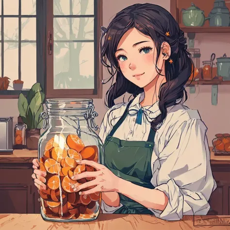 Anime girl holding a jar of oranges in the kitchen, detailed fan art, cute detailed digital art, Ian J., nice detailed work, lofi girl, change, Digital anime illustration, anime style illustration, inspired by Asaph Hanukkah, fan art, high quality fan art,...