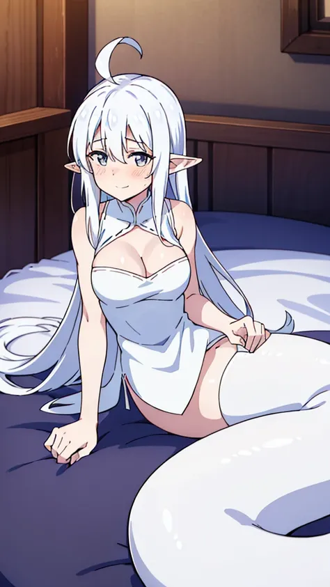 1girl,10s,smile,long hair,white hair,ahoge,lamia tail,white lamia tail,pointy ears,sleeveless,white shirt,(little cleavage),shy,blush,indoors, bed, bed room, on side, looking at viewer, dutch angle