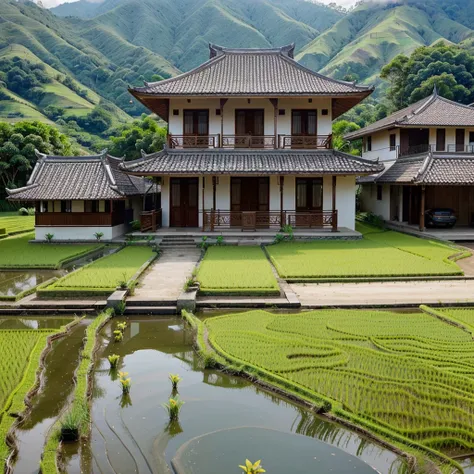 make a picture of a house from Indonesian-style karu, in the middle of rice fields, there is a road, Realistic, there are colorful flowers around the house, front look, clear blue sky, mountain background