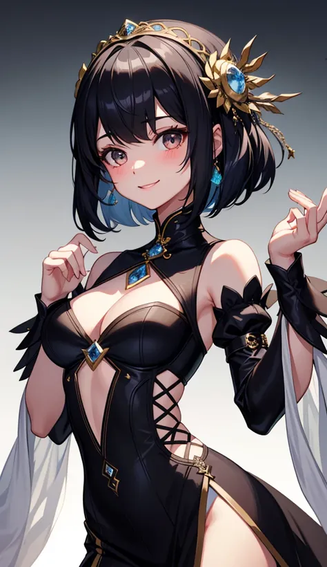 masterpiece、Highest quality、Very detailed、Beautiful lighting、[[Small body]]、She has a bob hairstyle with cropped bangs.、Black Hair、iris、[[Big Breasts]]、smile、Blushing、skin