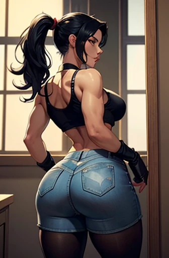 A white girl, with black hair, short with a ponytail, is in a room, standing in front of a mirror. She wears short denim shorts, black pantyhose and black gloves. She looks at the photo with a sensual face, biting the lips, while placing your hands on your...