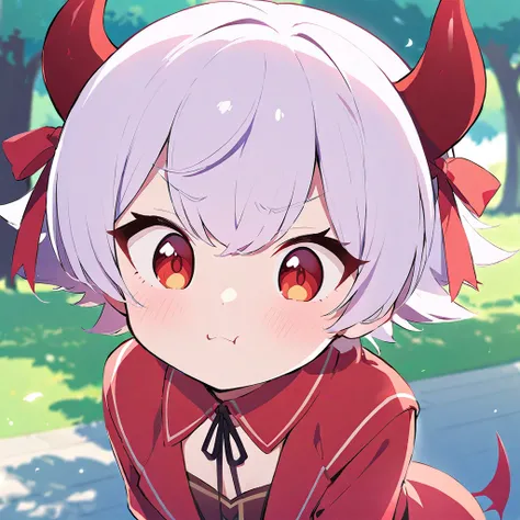 Teenage girl, devil girl, small red horns, white hair, short fluffy hair, big red eyes, pale skin, blushing cheeks, in a , red dress, in the park