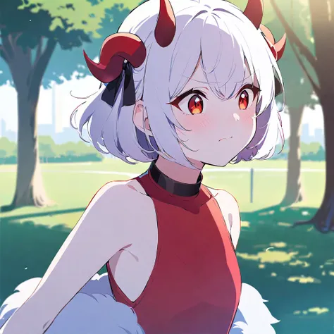 Teenage girl, devil girl, small red horns, white hair, short fluffy hair, big red eyes, pale skin, blushing cheeks, in a , red dress, in the park