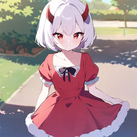 Teenage girl, devil girl, small red horns, white hair, short fluffy hair, big red eyes, pale skin, blushing cheeks, in a , red dress, in the park