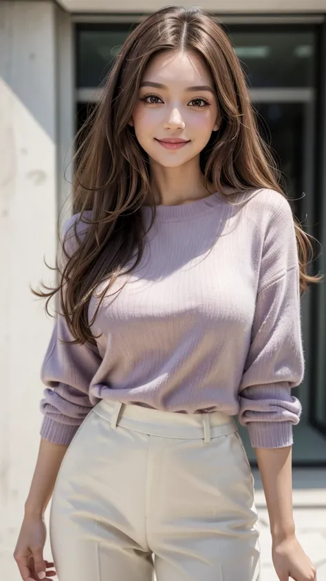 one adult woman, long hair, curly hair, brown hair, light skin, brown eyes, smile, casual, businesswoman style clothes, lilac clothes with white, realistic, with a light clean background, Minimalism, blurry, UHD