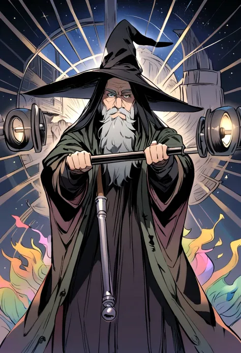 picture of a man lifting a barbell, wizard, wizard hat, long grey beard