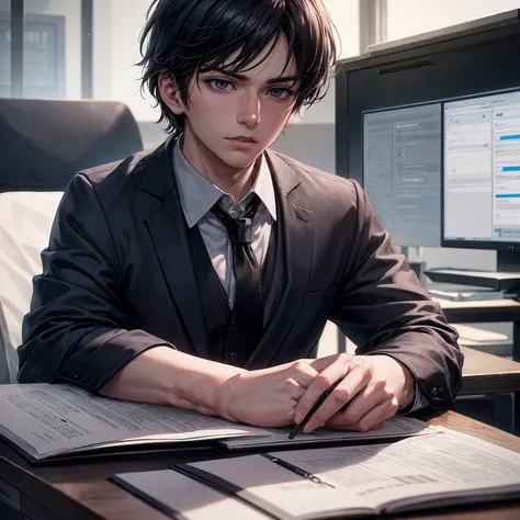 a 21 year old man in a white buttoned long sleeve shirt with black tie, japanese anime style, detailed facial features, hyper realistic, 8k, photorealistic, masterpiece, extremely detailed, dramatic lighting, moody atmosphere, cinematic composition, in an ...