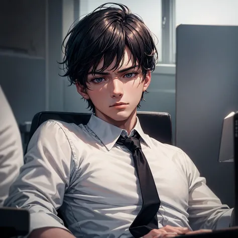 a 21 year old man in a white buttoned long sleeve shirt with black tie, japanese anime style, detailed facial features, hyper realistic, 8k, photorealistic, masterpiece, extremely detailed, dramatic lighting, moody atmosphere, cinematic composition, in an ...