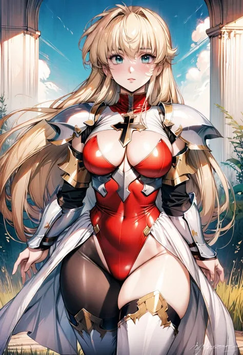 ((highest quality)), ((masterpiece)), ((hyperrealistic)), (detailed background), solo, 1girl, ((curvy: 1.2)), kawaii, ((wizard knight)), langrisser, blonde braided long hair, ((Large cross pattern red Leotard: 1.5)), (paladin armor), ((ArmoredDress)), ((Ti...