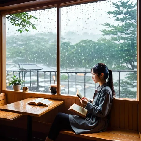 Scene of a cafe with rain falling outside the window, a girl is reading a book while drinking hot chocolate at a window seat, warm light and calm expression are impressive, Japanese anime style