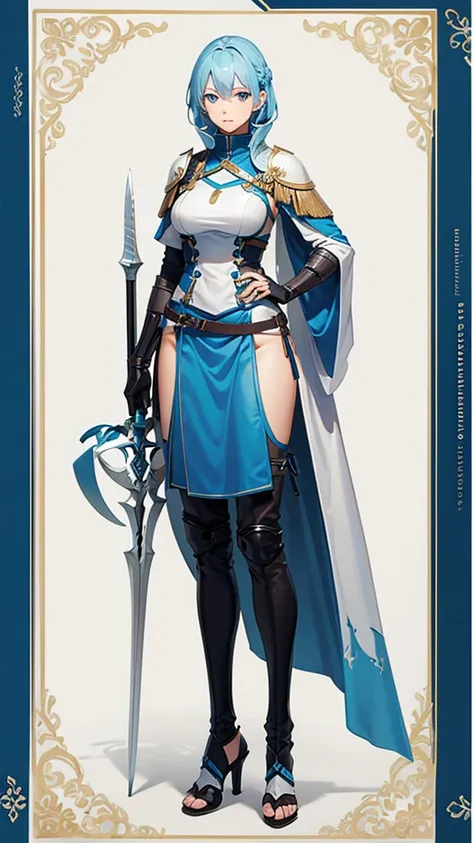 light blue hair, female mercenary, spearman, tall, full body side view, view viewer, pure white background