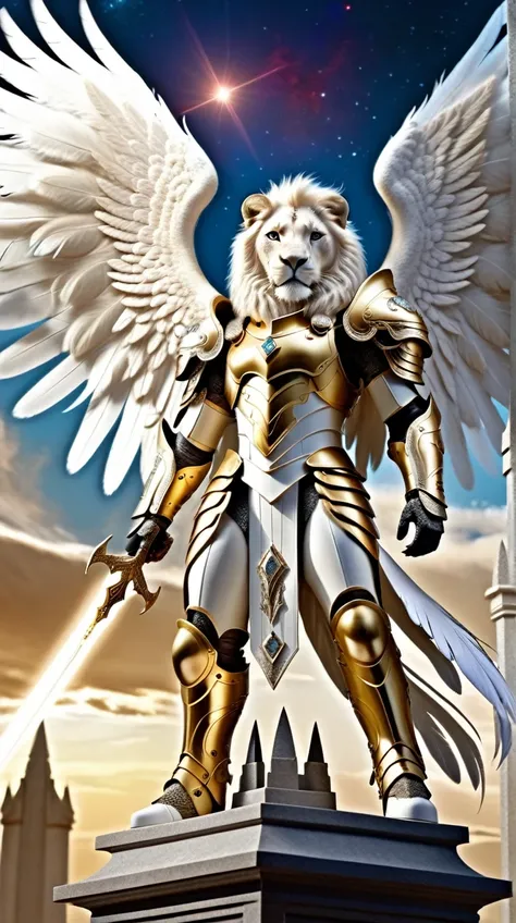 white lion warrior in armor 8K, white angel flying in the middle of the universe, huge feathered angel wings, nebula glowing eyes, white clouds flowing, ivory armor with diamond inlays, trends on artstation, sharp focus, studio photo, details Intricate, hi...