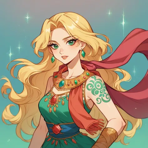 gypsy Esmeralda, Blonde Hair and Green Eyes, Her blonde hair falls in soft waves over her shoulders., capturing the moonlight. They are like golden threads, shining with mystery. Her emerald green eyes are deep and mesmerizing. Gypsy wears a long red dress...