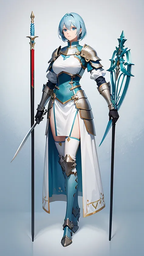 light blue hair, female knight, spearman, tall, full body side view, view viewer, pure white background