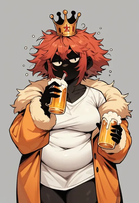 chubby black woman, black skin, redhair, messy hair, white shirt, orange fur coat, red lipstick, drinking beer, orang crown shaped headphone