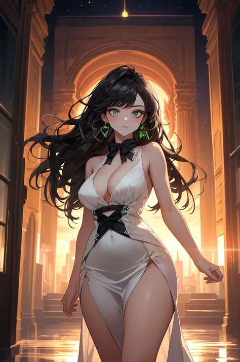 (top quality, masterpiece, high quality, ultra-delicate), ((beautiful girl)), (((adult)), ((Pure Dark black hair)), mature, graceful curves, ((long hair, long bangs)), ((bright green eyes)), ((detailed eyes)), nose, bangs, black collar, ((Revealing white  ...