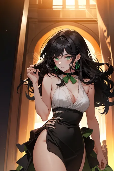 (top quality, masterpiece, high quality, ultra-delicate), ((beautiful girl)), (((adult)), ((Pure Dark black hair)), mature, graceful curves, ((long hair, long bangs)), ((bright green eyes)), ((detailed eyes)), nose, bangs, black collar, ((Revealing white  ...