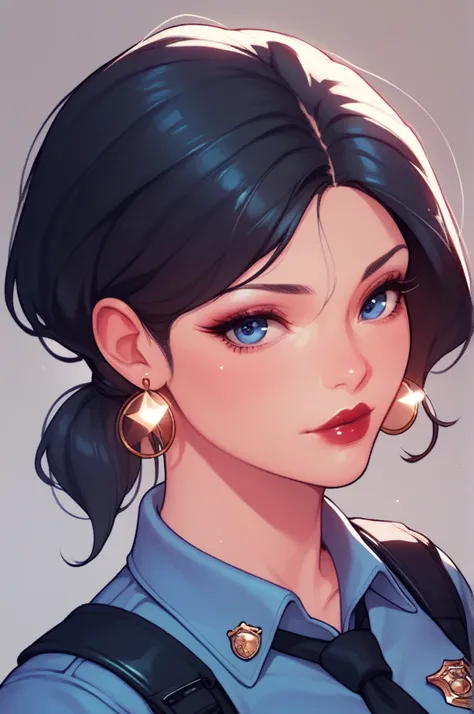  nari  , blue eyes, black hair, short hair, big breasts,big silver drop dangle earrings ,hair ponytail , lipstick , police uniform 