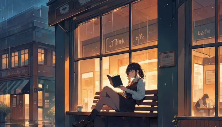 Scene of a cafe with rain falling outside the window, a girl is reading a book while drinking hot chocolate at a window seat, warm light and calm expression are impressive, Japanese anime style