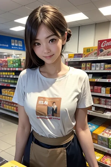 8K,Masterpiece,Inside a discount supermarket,(alone),30 years old,(Japanese women)、One Woman、Smile,Slender figure,Small breasts,Shapely breasts,Light Brown Hair,Medium Hair,Realistic、Mature Woman,Realistic face、T-Shirts,apron,During the process of stocking...